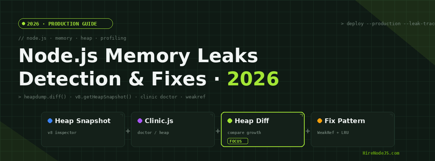 Editorial cover graphic for the 2026 Node.js memory leaks detection guide