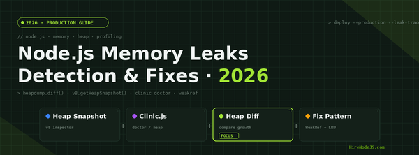 Editorial cover graphic for the 2026 Node.js memory leaks detection guide