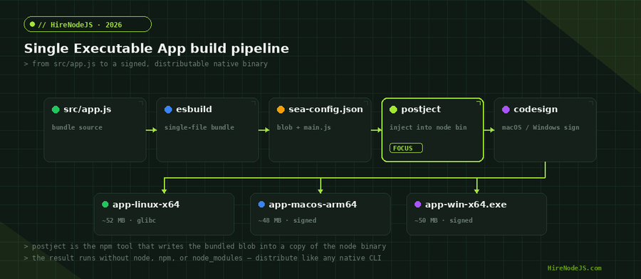 Diagram of the Node.js Single Executable Application build pipeline showing source → esbuild → sea-config.json → postject → codesign → multi-platform binaries