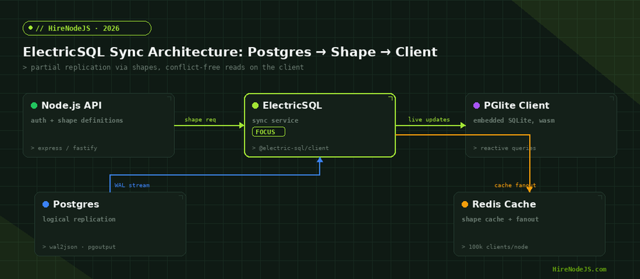 Node.js ElectricSQL local-first sync architecture diagram showing Postgres logical replication into Electric and shape-based sync to PGlite clients
