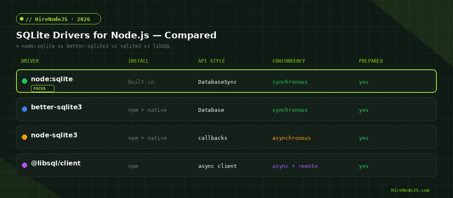 Comparison table of node:sqlite, better-sqlite3, node-sqlite3 and libSQL drivers for Node.js