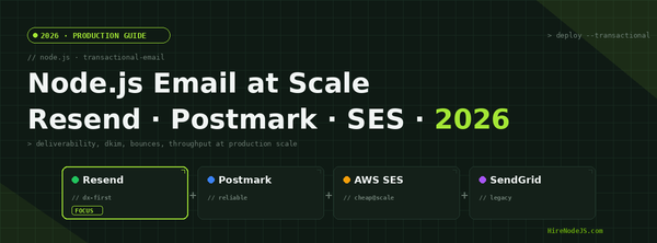 Node.js Email at Scale — Resend, Postmark, SES, SendGrid comparison cover for 2026