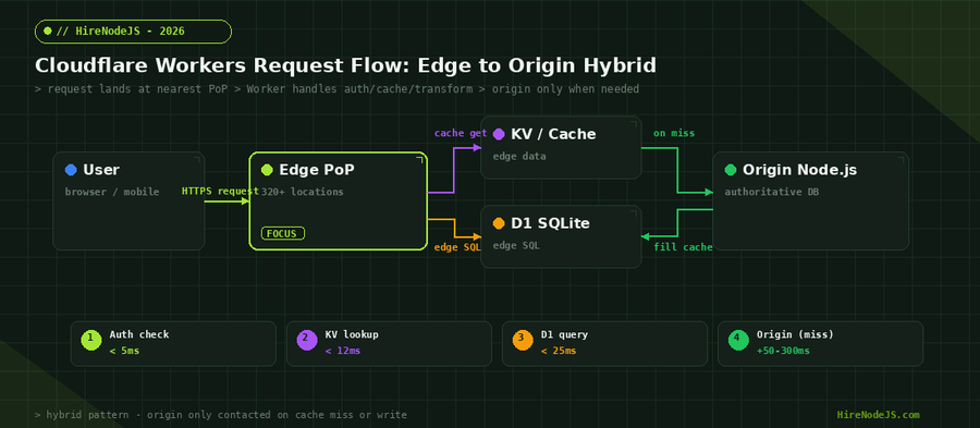 Cloudflare Workers request flow showing edge PoP, KV cache, D1 SQLite, and origin Node.js fallback