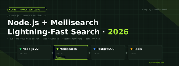 Node.js + Meilisearch 2026 cover — dark editorial layout with stack cards showing Node.js, Meilisearch (focus), PostgreSQL, and Redis