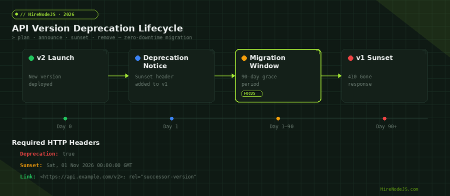 API version deprecation lifecycle flowchart showing v2 launch, deprecation notice, migration window, and v1 sunset phases with required HTTP headers