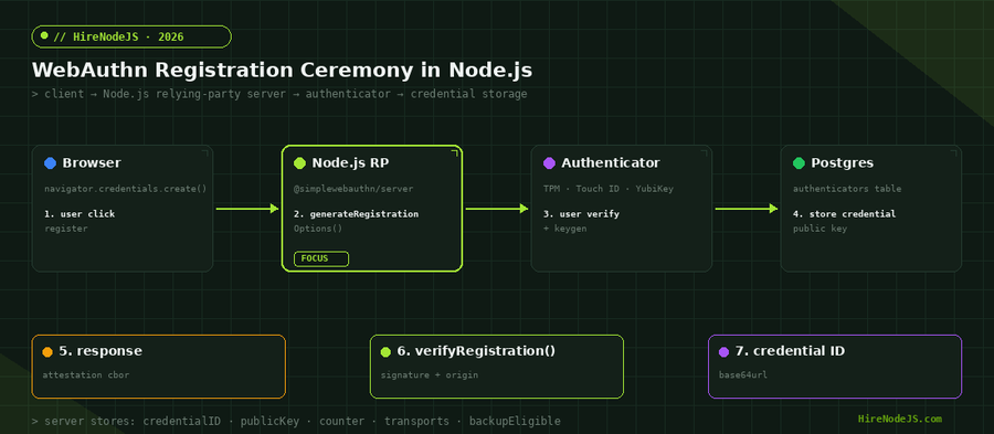 WebAuthn registration ceremony flow showing browser, Node.js relying party, authenticator, and Postgres credential storage