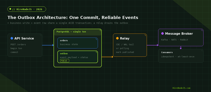 Transactional outbox pattern architecture for Node.js showing the API service, PostgreSQL with orders and outbox tables in one transaction, a relay, and the message broker