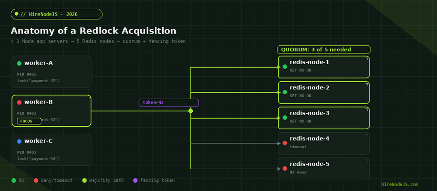 Anatomy of a Redlock acquisition across 5 Redis nodes with a fencing token, used by 3 Node.js workers