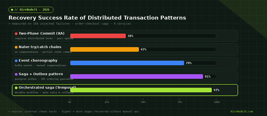 Horizontal bar chart of recovery success rates for distributed transaction patterns including 2PC, try/catch chains, event choreography, saga + outbox, and orchestrated Temporal sagas