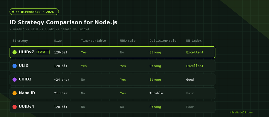 Comparison table of Node.js UUIDv7, ULID, CUID2, Nano ID and UUIDv4 ID strategies across size, sortability, URL-safety, collision resistance and database index performance