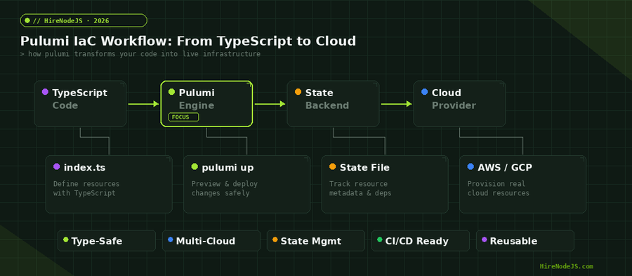 Pulumi IaC workflow diagram showing TypeScript code flowing through Pulumi engine to state backend and cloud provider
