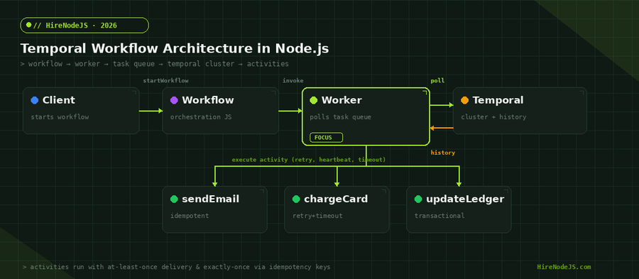 Temporal workflow architecture in Node.js: client, workflow, worker, Temporal cluster, and activity functions