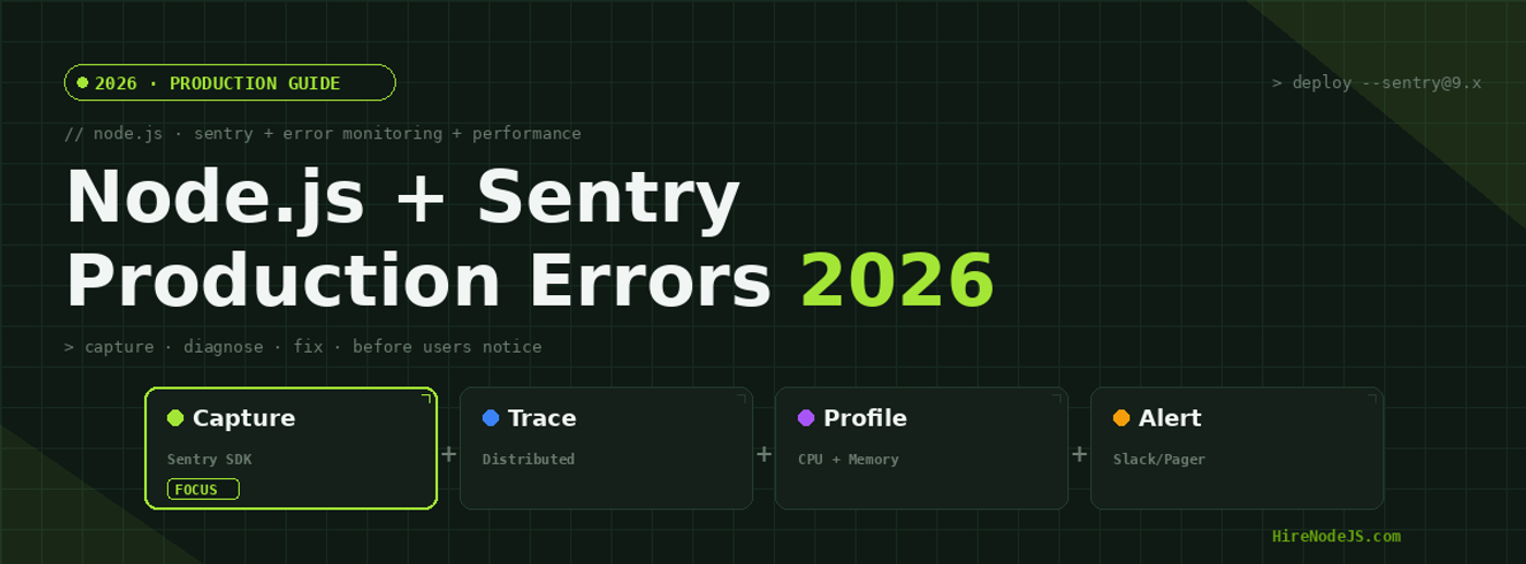 Node.js + Sentry production error monitoring guide cover for 2026