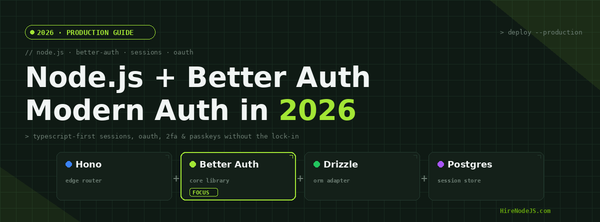 Node.js + Better Auth 2026 production guide cover with adapter stack diagram