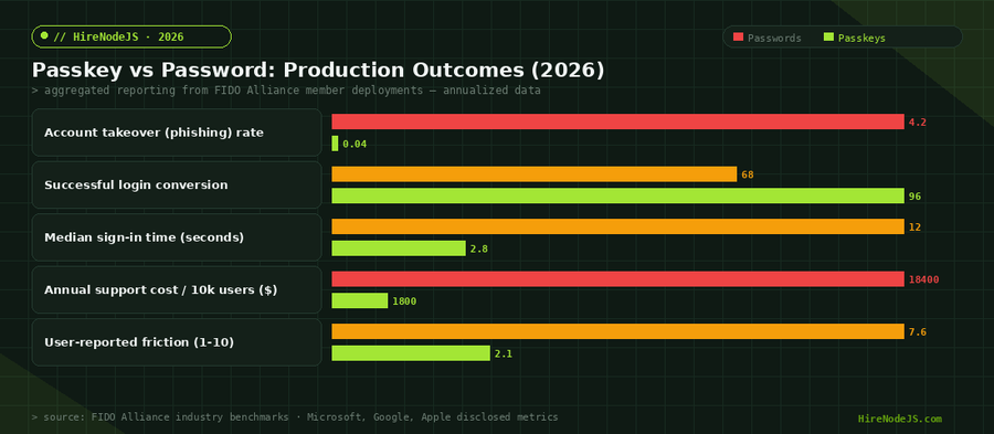 Bar chart comparing passkey vs password outcomes: phishing rate, login conversion, sign-in time, support cost, user friction