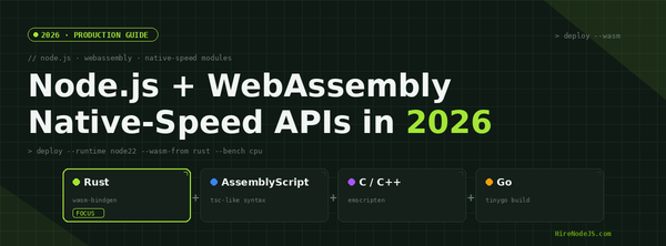 Node.js plus WebAssembly guide cover image showing Rust, AssemblyScript, C/C++ and Go source-language options for native-speed Node.js APIs in 2026