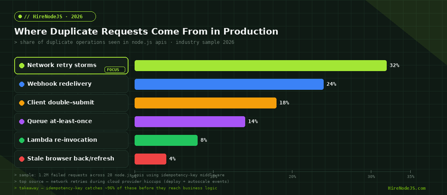 Bar chart showing where duplicate Node.js API requests originate, with network retry storms at 32 percent and webhook redelivery at 24 percent
