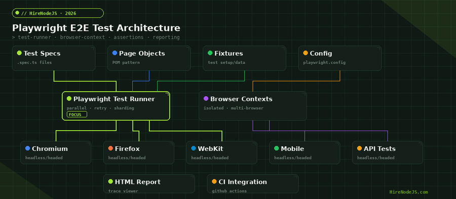 Playwright E2E test architecture diagram showing test specs, page objects, fixtures, config, test runner, browser contexts, and reporting layers