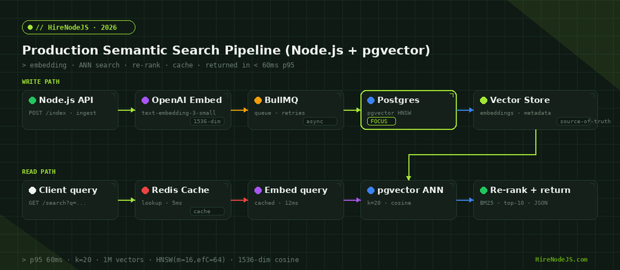 Production semantic search architecture diagram showing Node.js API write and read paths through OpenAI embeddings, BullMQ queue, Redis cache, and Postgres pgvector